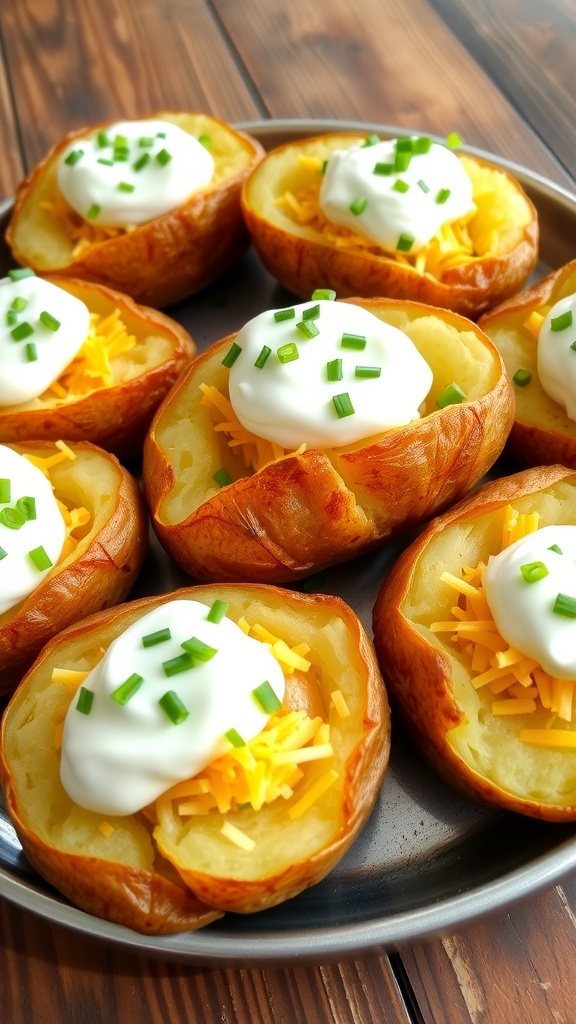 A platter of baked potatoes topped with sour cream, cheese, and chives on a rustic table.